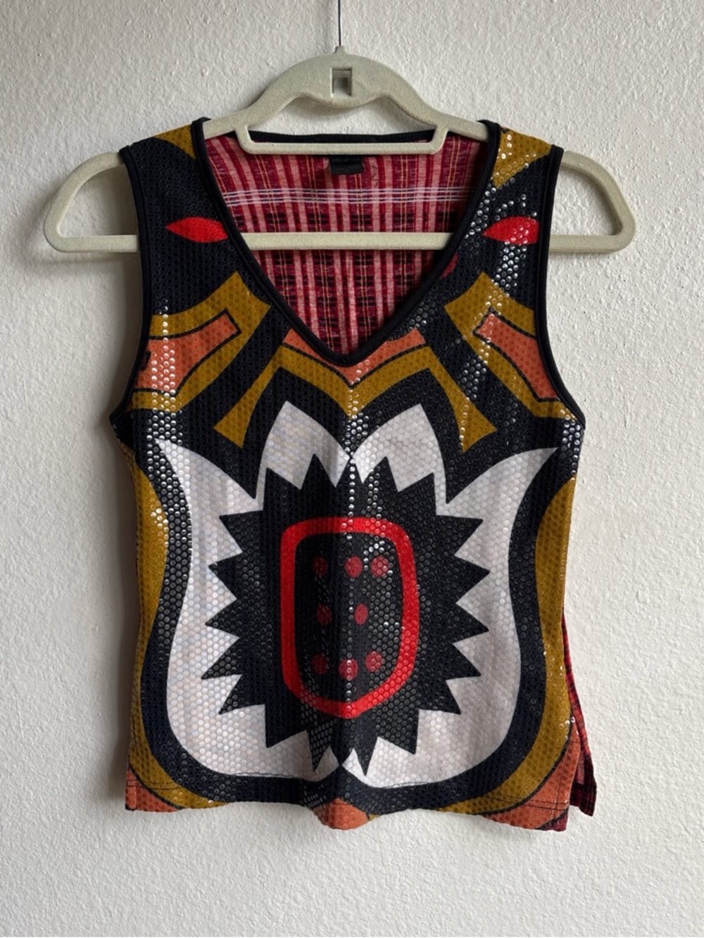 Vintage Y2K Custo Barcelona Geometric Graphic Sequin Design Plaid Top Size L